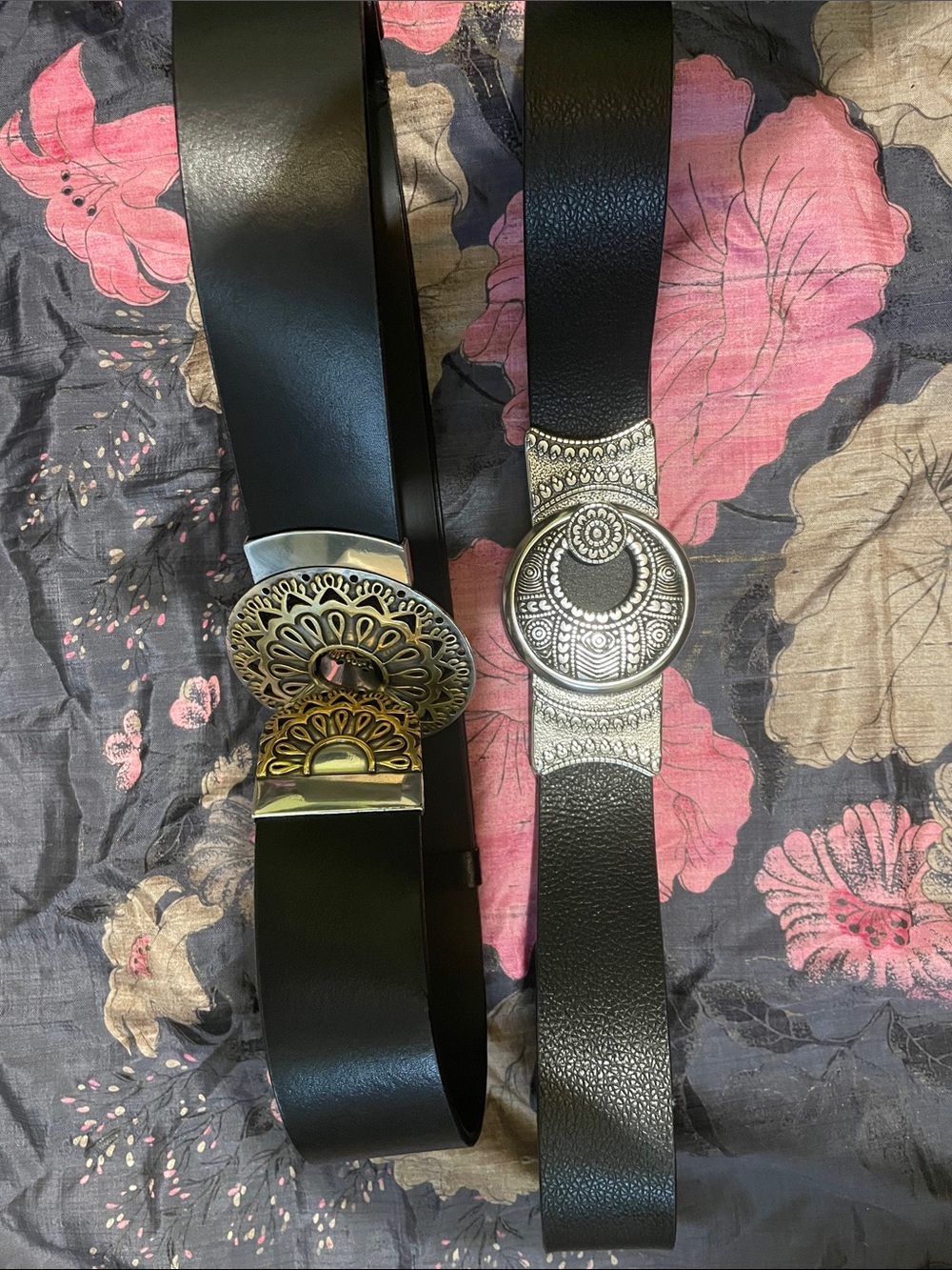 Women's Black Wide Belt with Ornate Silver Medallion Buckle